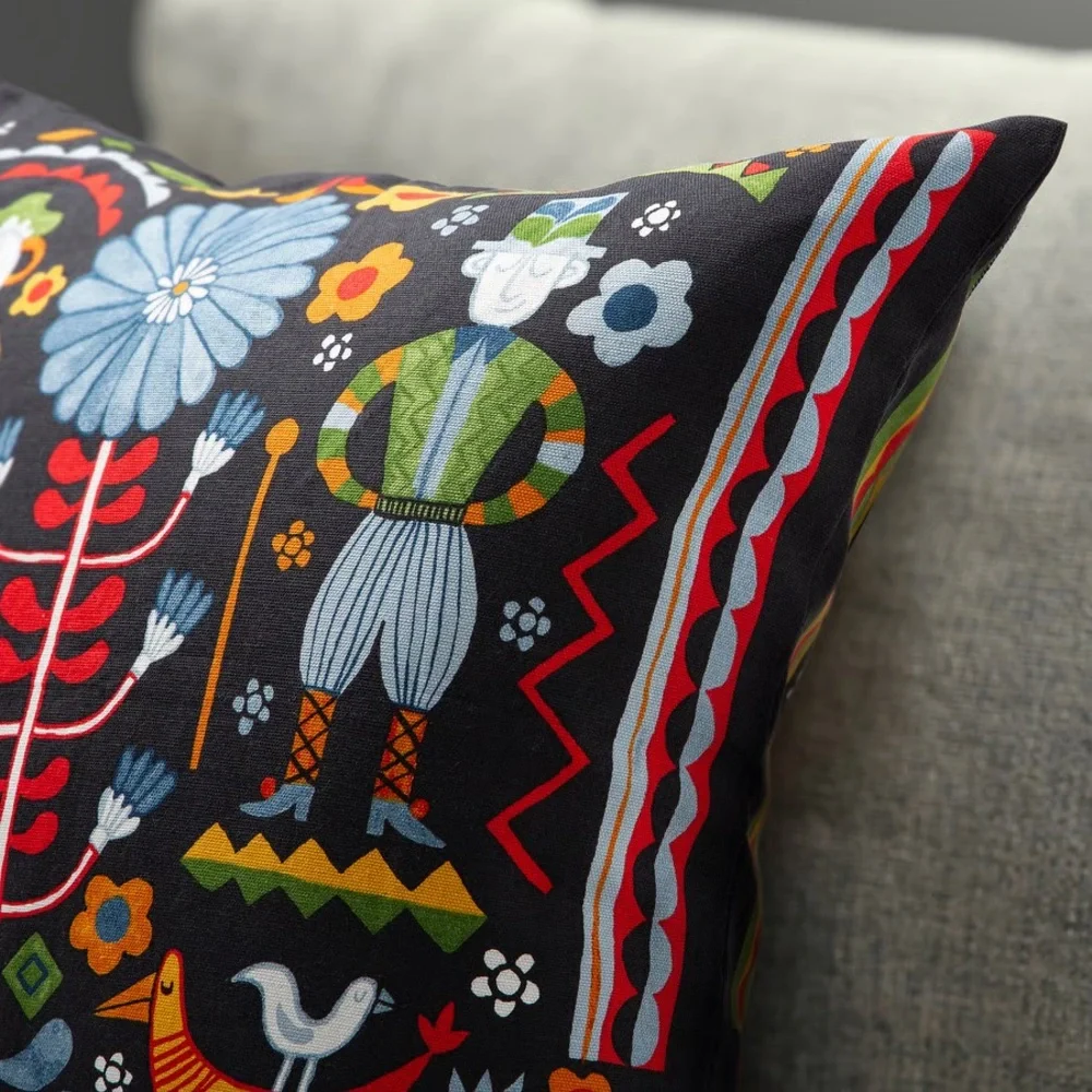 2 Folk Art Print Square Pillowcases - Black with Bright Multicolor Motifs